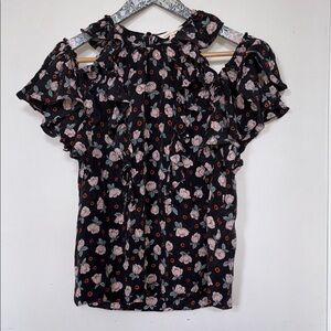 Rebecca Taylor Black Floral Ruffle Silk Blouse - 8